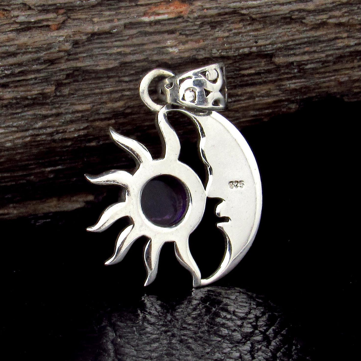Solid 925 Sterling Silver Crescent Moon & Sun Gemstone Pendant - Amethyst, Labradorite, Rainbow Moonstone
