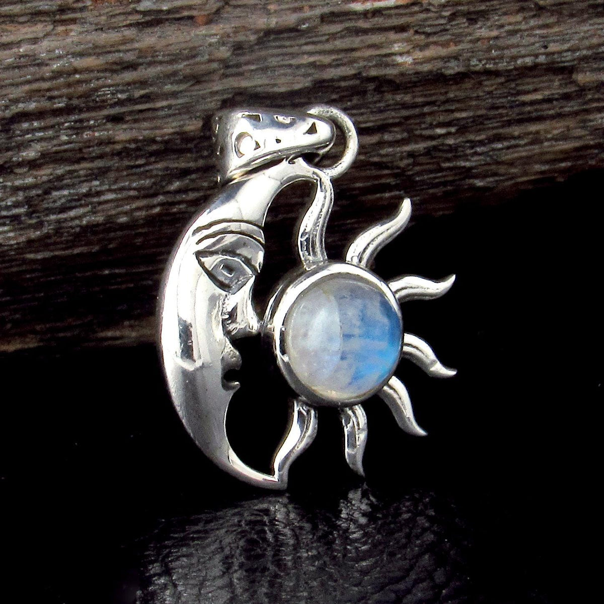 Solid 925 Sterling Silver Crescent Moon & Sun Gemstone Pendant - Amethyst, Labradorite, Rainbow Moonstone