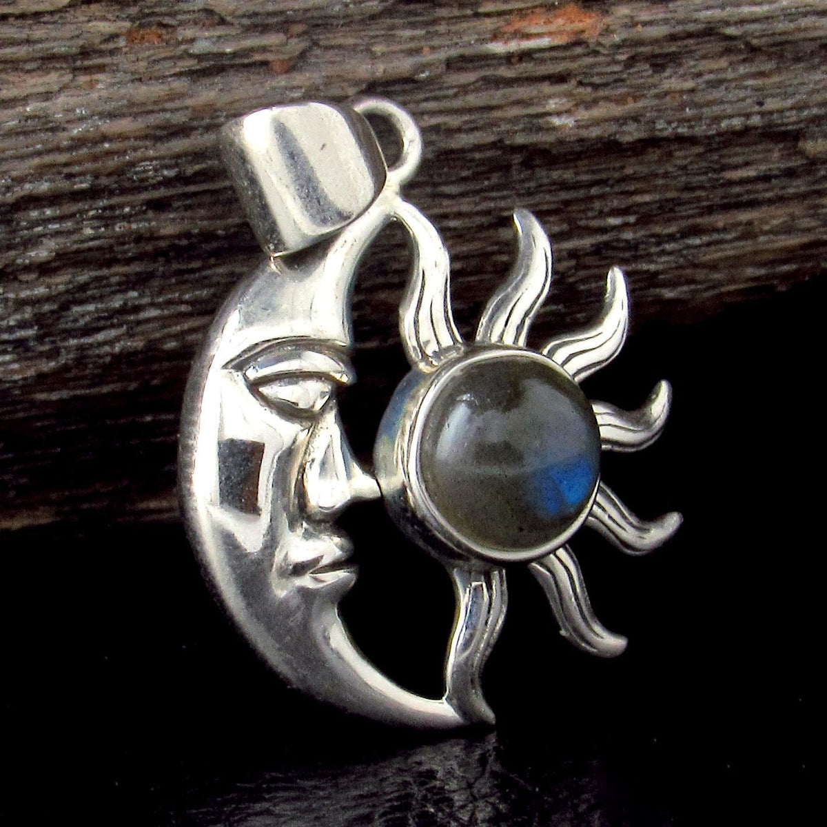 Solid 925 Sterling Silver Crescent Moon & Sun Gemstone Pendant - Amethyst, Labradorite, Rainbow Moonstone