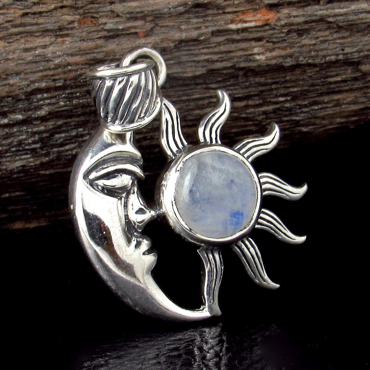 Solid 925 Sterling Silver Crescent Moon & Sun Gemstone Pendant - Amethyst, Labradorite, Rainbow Moonstone
