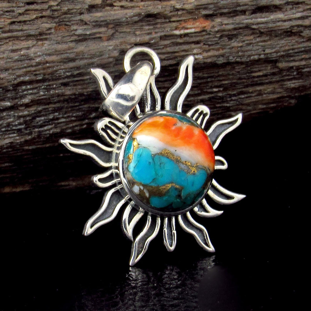 Solid 925 Sterling Silver Sun Pendant – Labradorite, Lapis, Moonstone, Tiger Eye, Turquoise, Spiny Oyster