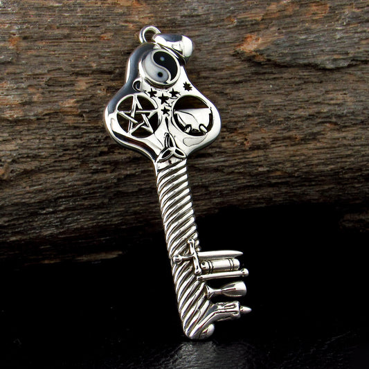 Solid 925 Sterling Silver Yin Yang Pentacle Key Pendant, Pagan Amulet, Wiccan Occult Talisman