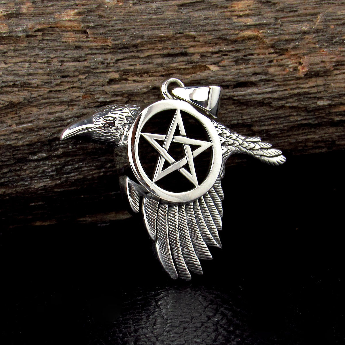 Solid 925 Sterling Silver Raven Pentacle Pendant, Pagan Wiccan Amulet, Elemental Symbol Jewelry