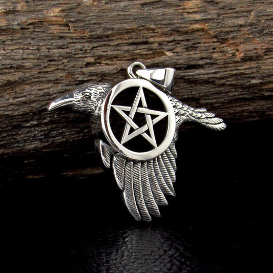 Solid 925 Sterling Silver Raven Pentacle Pendant, Pagan Wiccan Amulet, Elemental Symbol Jewelry
