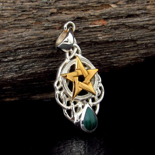 Solid 925 Sterling Silver Gold Vermeil Pentacle Pendant, Malachite Celtic Knot Talisman w/ Malachite