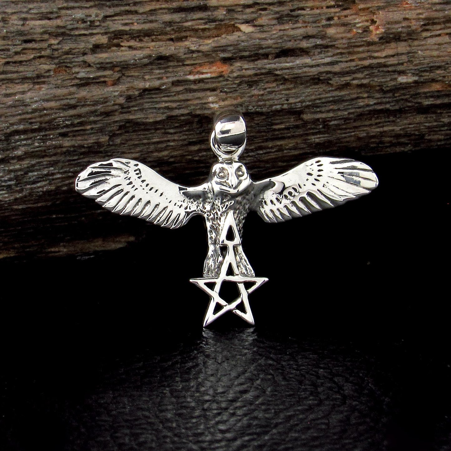 Solid 925 Sterling Silver Flying Owl Pendant, Pentagram Star Triangle, Pagan Wiccan Amulet