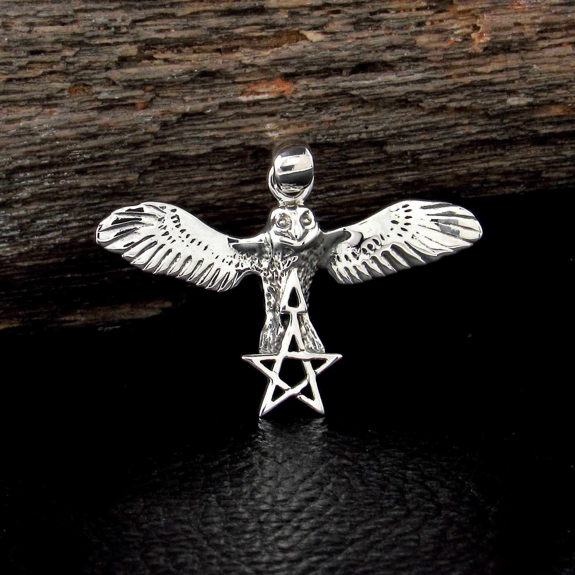 Solid 925 Sterling Silver Flying Owl Pendant, Pentagram Star Triangle, Pagan Wiccan Amulet