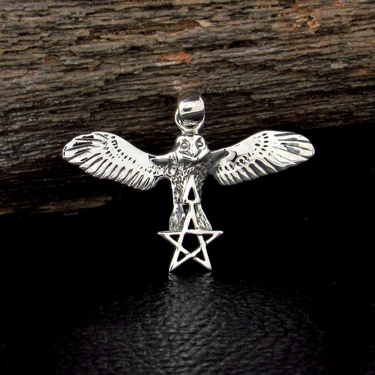 Solid 925 Sterling Silver Flying Owl Pendant, Pentagram Star Triangle, Pagan Wiccan Amulet