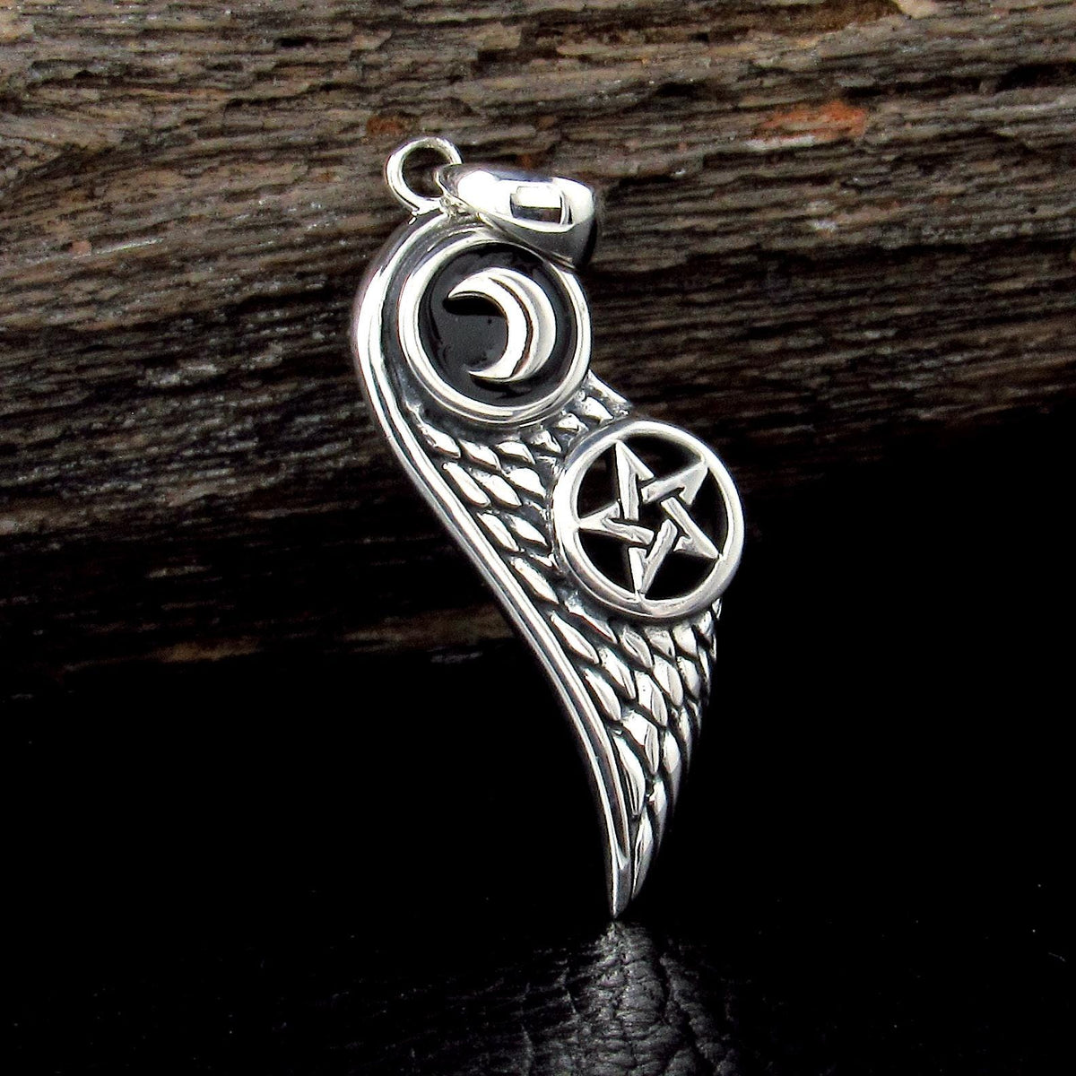 Solid 925 Sterling Silver Crescent Moon Pentacle Angel Wing Pendant w/ Enamel, Gothic Talisman