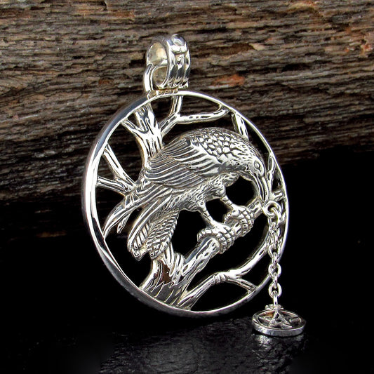 Solid 925 Sterling Silver Raven Macha Goddess Pendant, Celtic Crow Pentacle Amulet, Pentagram Talisman