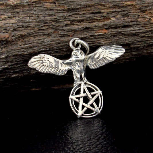 Solid 925 Sterling Silver Barn Owl Pentacle Pendant, Wiccan Jewelry, Pagan Amulet, Occult Talisman