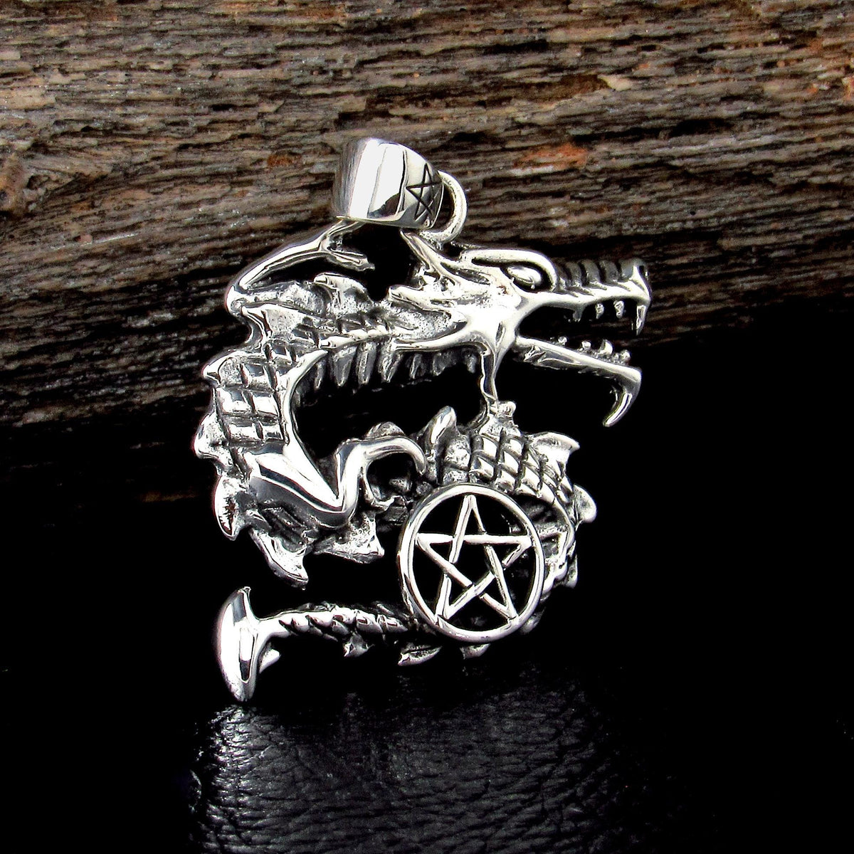 Solid 925 Sterling Silver Dragon Pentacle Pendant, Pagan Pentagram, Wiccan Amulet, Gothic Occult Talisman