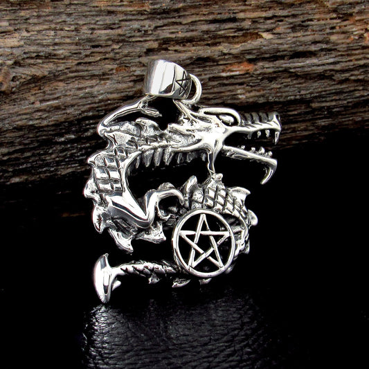 Solid 925 Sterling Silver Dragon Pentacle Pendant, Pagan Pentagram, Wiccan Amulet, Gothic Occult Talisman