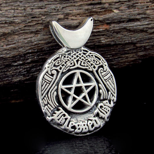 Solid 925 Sterling Silver Blessed Be the Star Crescent Moon Pentacle Pendant, Celtic Birds & Knotwork, Witch's Magic Amulet