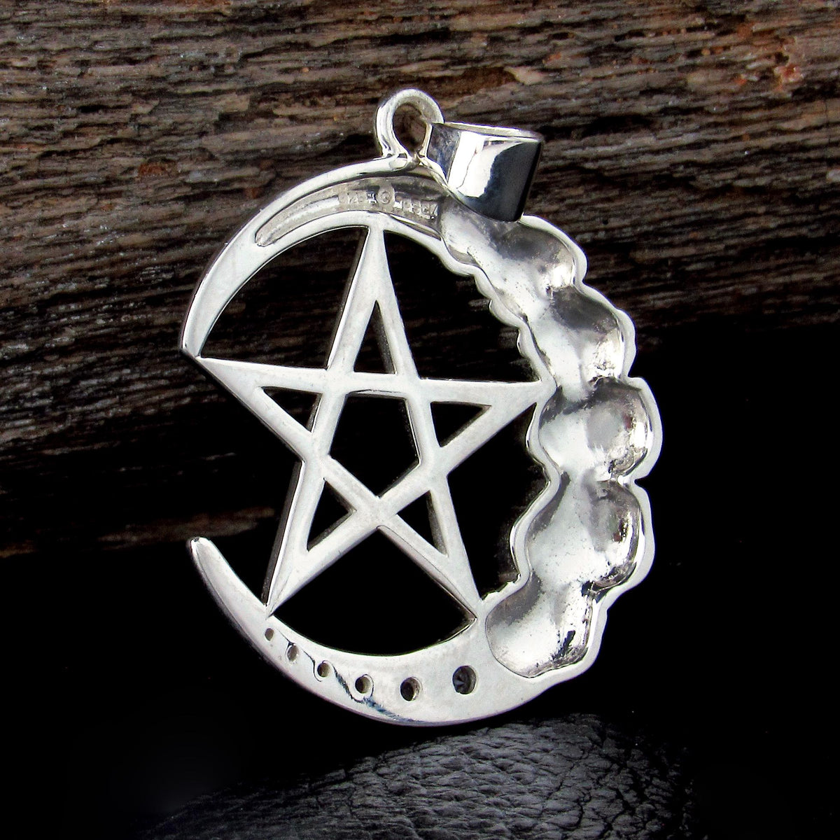 Solid 925 Sterling Silver Crescent Moon Pentagram Pendant Red Enamel Roses CZ Wiccan Amulet