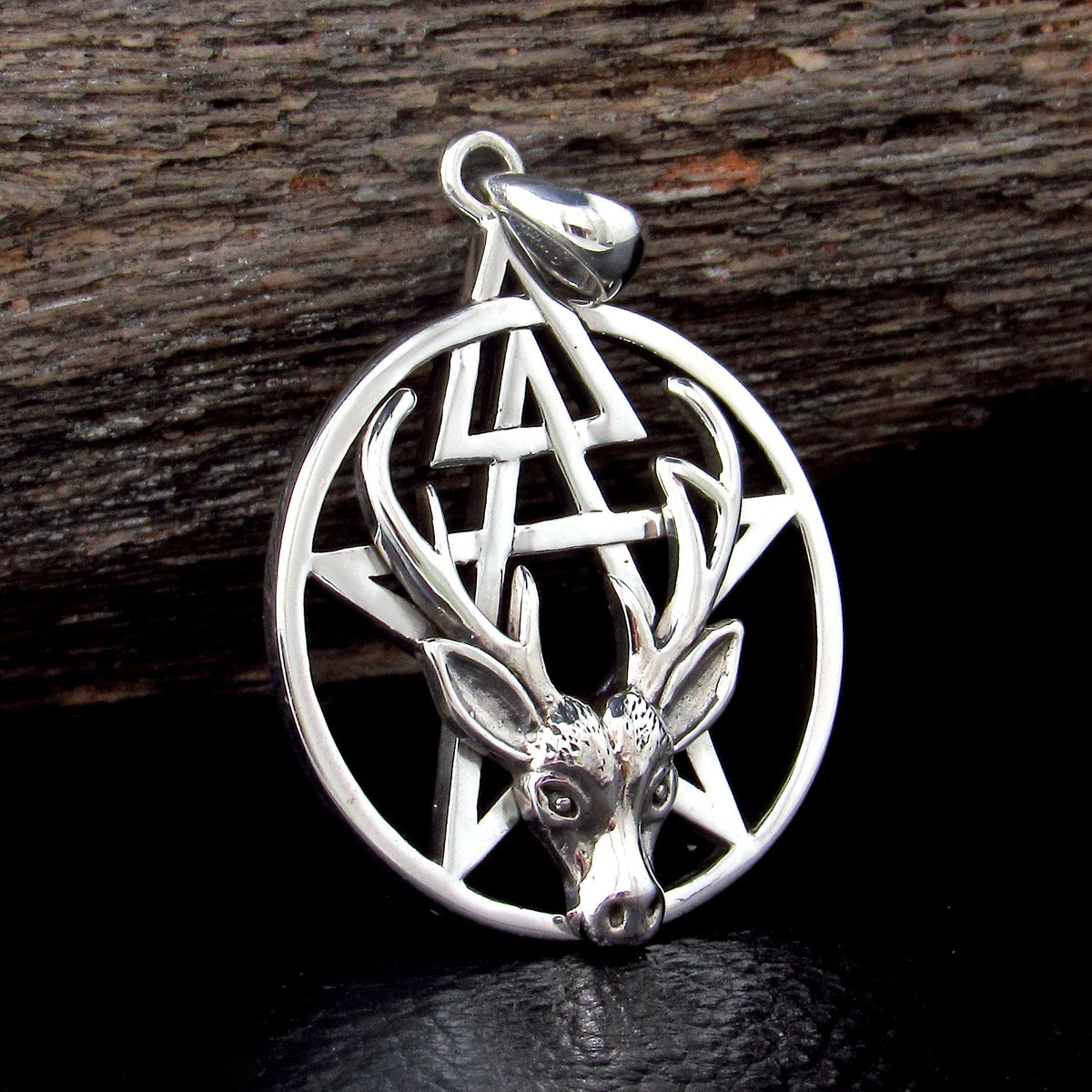 Solid 925 Sterling Silver Stag Pentacle Pendant, Antler Pagan Amulet, Third Degree Symbol