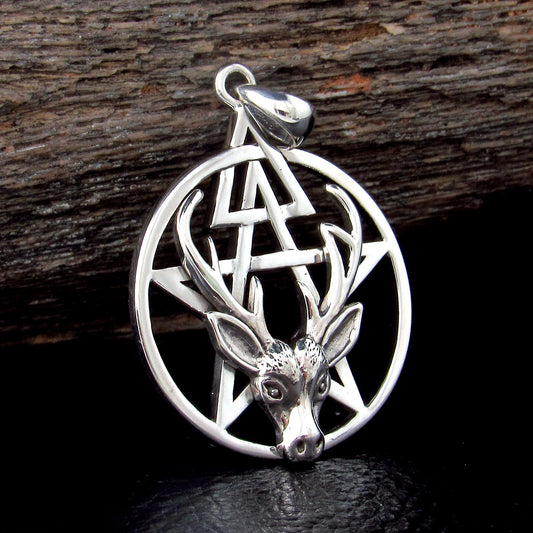 Solid 925 Sterling Silver Stag Pentacle Pendant, Antler Pagan Amulet, Third Degree Symbol