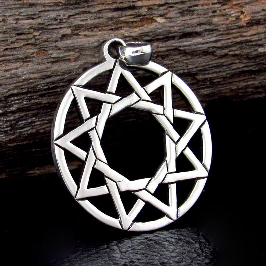 Solid 925 Sterling Silver Enneagram Pendant, Ninefold Star Sacred Geometry Amulet