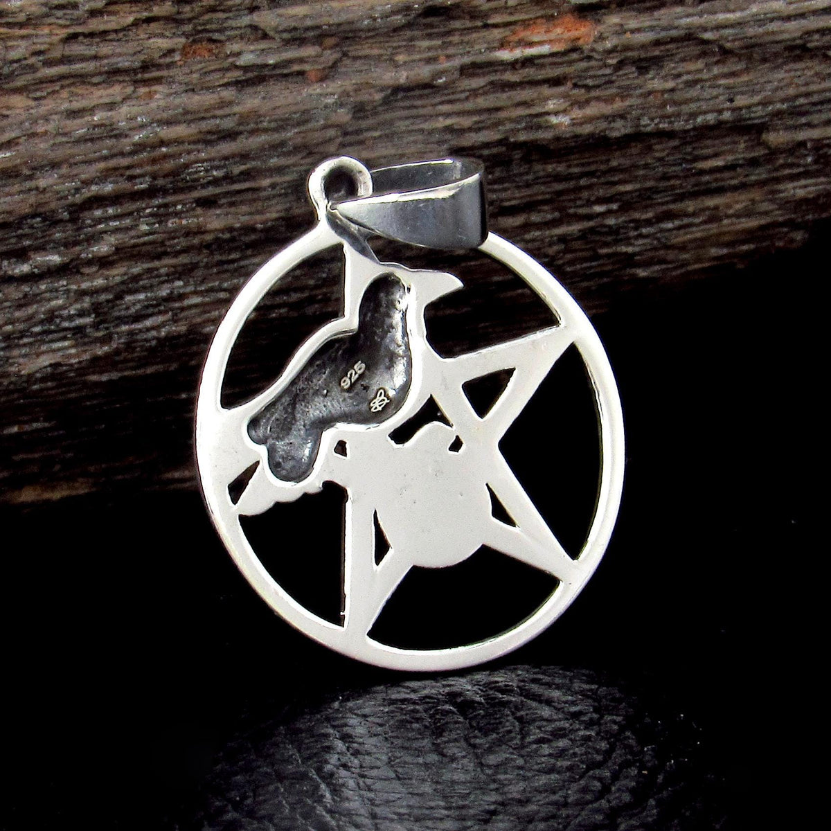 Solid 925 Sterling Silver Crow and Pentacle Pendant with Black Onyx, Gothic Raven Pentagram