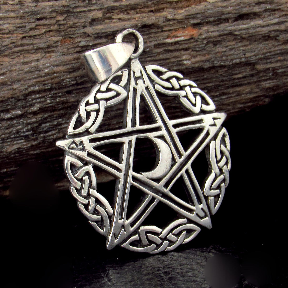 Solid 925 Sterling Silver Celtic Knot Pentacle Pendant – Crescent Moon Pentagram, Pagan Protection Amulet