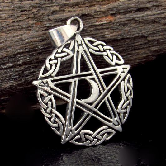 Solid 925 Sterling Silver Celtic Knot Pentacle Pendant – Crescent Moon Pentagram, Pagan Protection Amulet