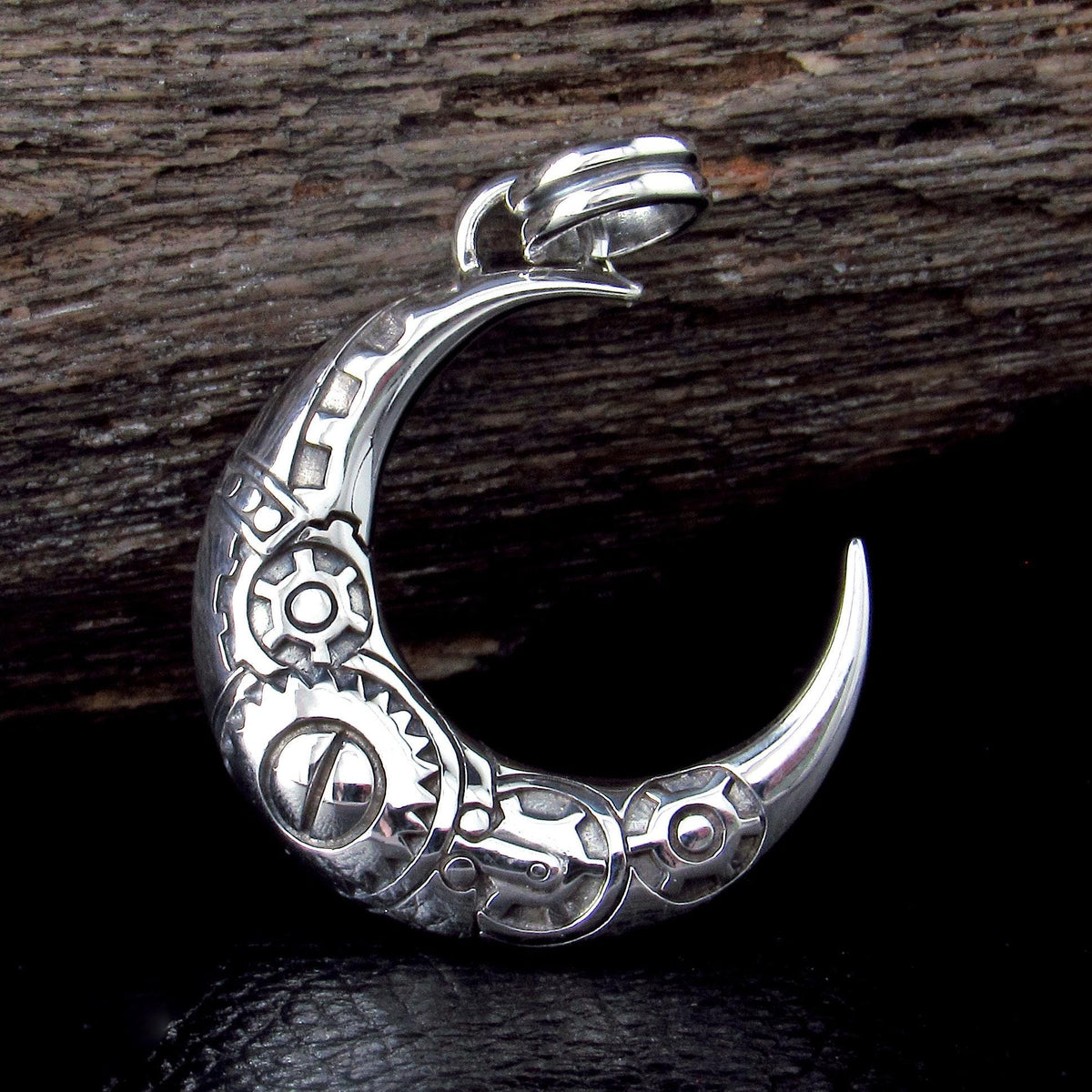 Solid 925 Sterling Silver Steampunk Crescent Moon Pendant, Mechanical Gear Moon Necklace Amulet