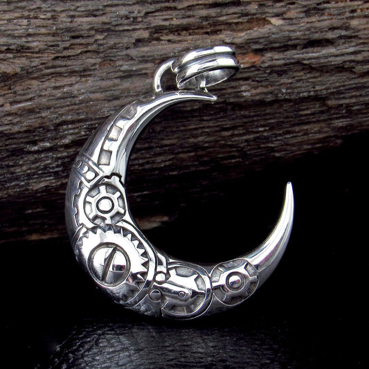 Solid 925 Sterling Silver Steampunk Crescent Moon Pendant, Mechanical Gear Moon Necklace Amulet