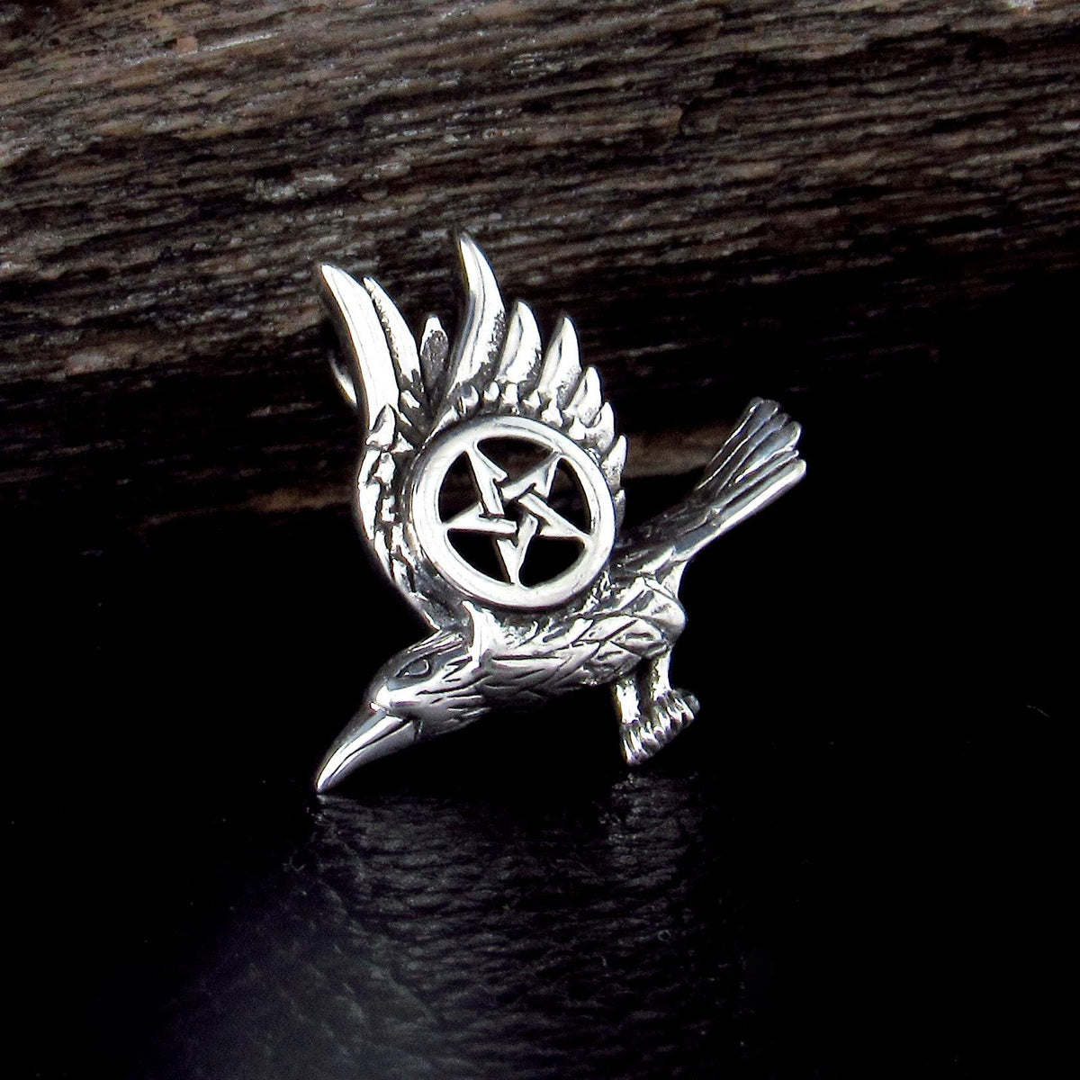 Solid 925 Sterling Silver Raven Pentacle Pendant, Small Pagan Amulet, Wiccan Bird Charm