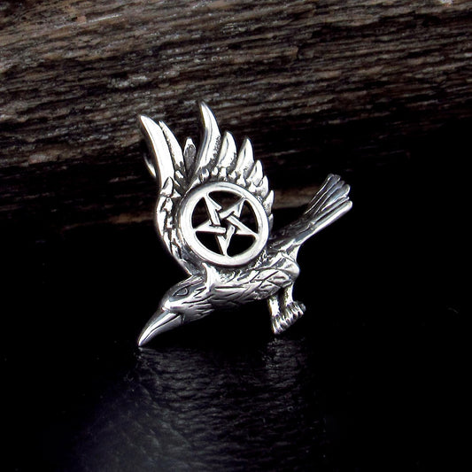 Solid 925 Sterling Silver Raven Pentacle Pendant, Small Pagan Amulet, Wiccan Bird Charm