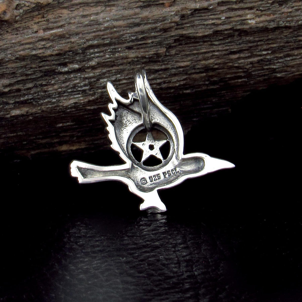 Solid 925 Sterling Silver Raven Pentacle Pendant, Small Pagan Amulet, Wiccan Bird Charm