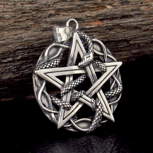 Solid 925 Sterling Silver Pentagram Pendant, Snake and Star Symbol, Oxidized Ouroboros Jewelry
