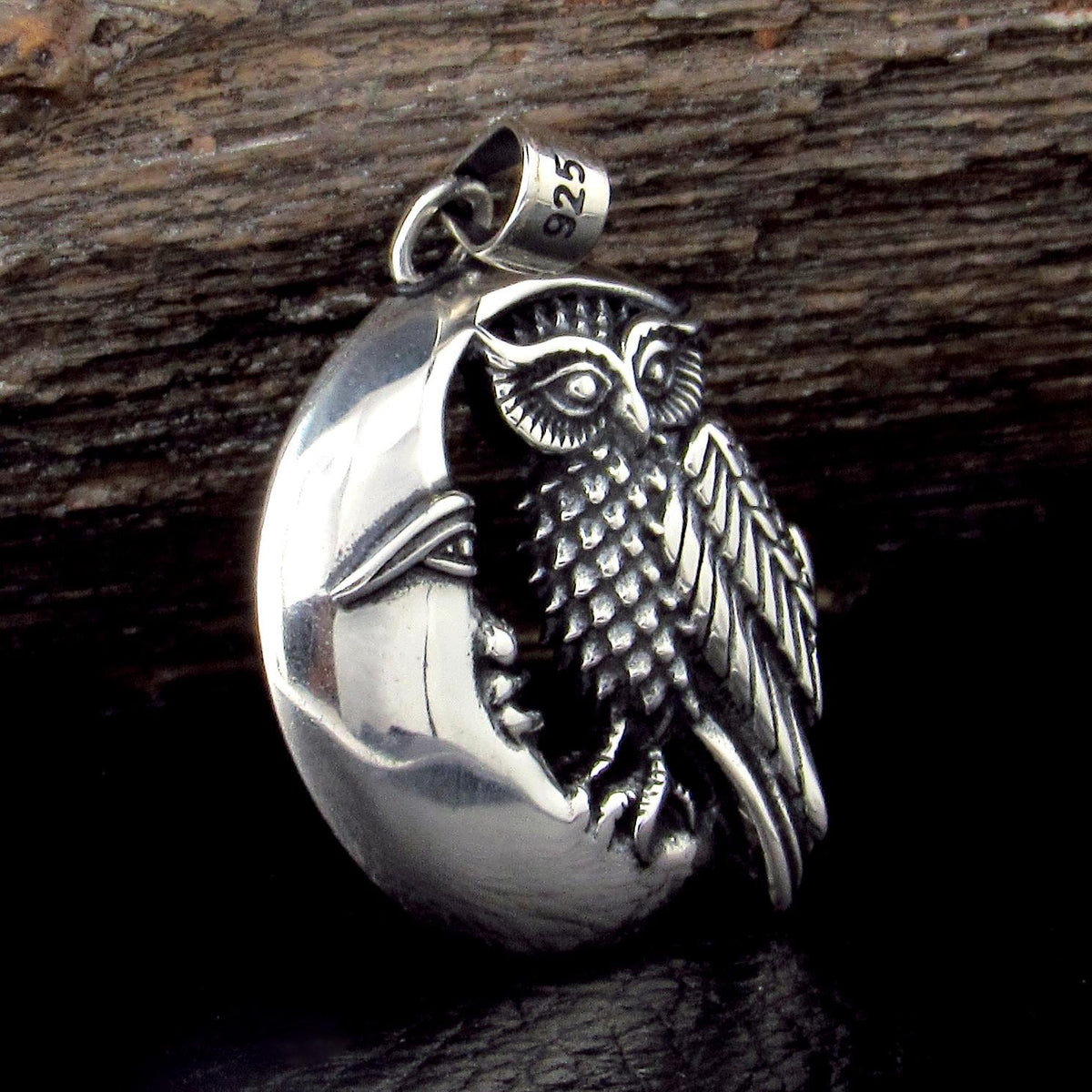 Solid 925 Sterling Silver Owl on Crescent Moon Pendant, Wiccan / Pagan Amulet, Occult Jewelry
