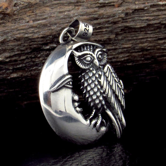 Solid 925 Sterling Silver Owl on Crescent Moon Pendant, Wiccan / Pagan Amulet, Occult Jewelry