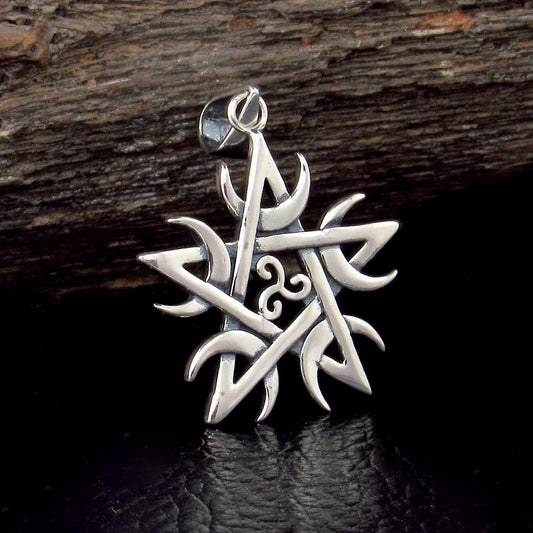 Solid 925 Sterling Silver Celtic Triskelion Knot & Moons Pentagram Pendant