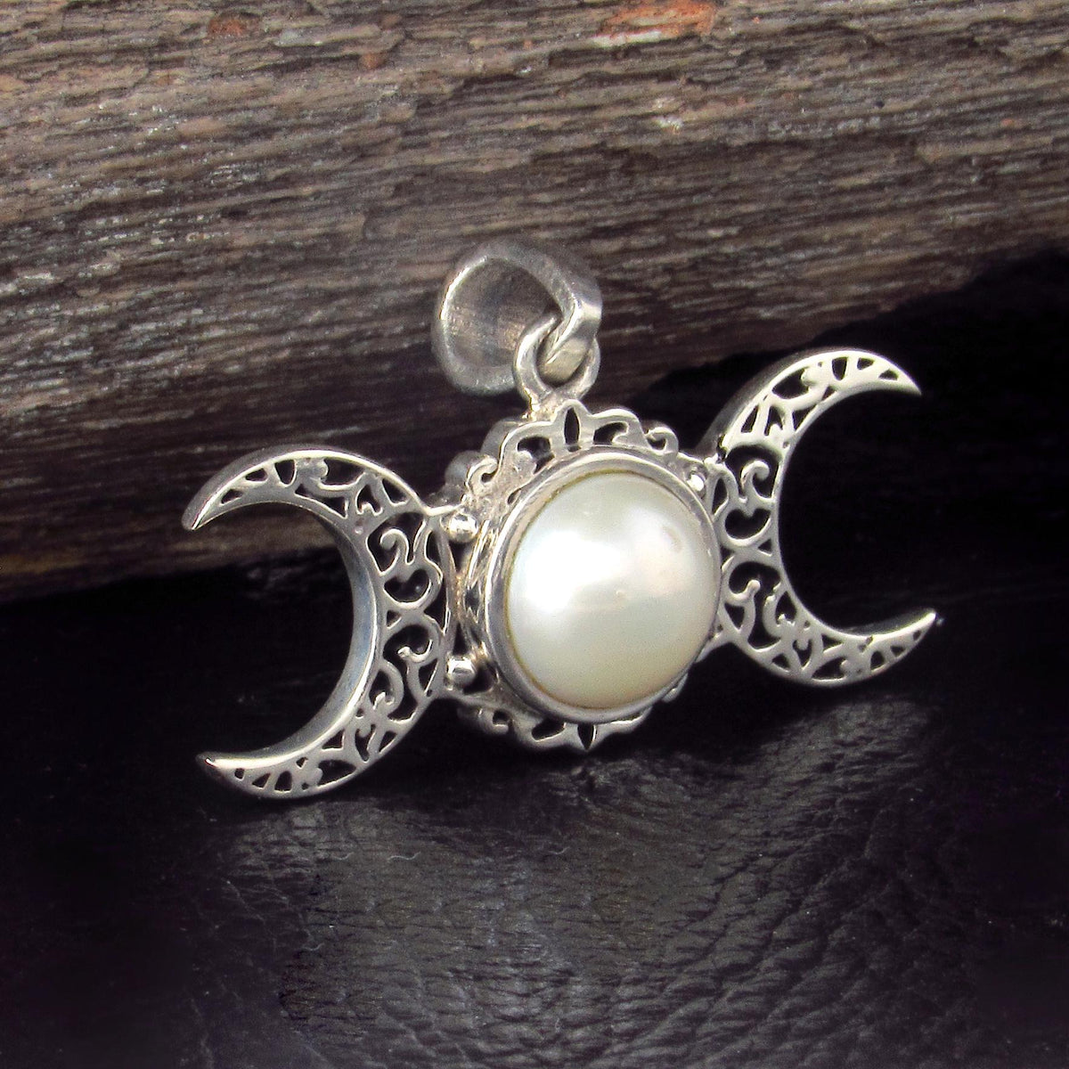 Solid 925 Sterling Silver Triple Moon Pendant - Celestial Gemstone Amulet - Amethyst, Labradorite, Moonstone, Pearl