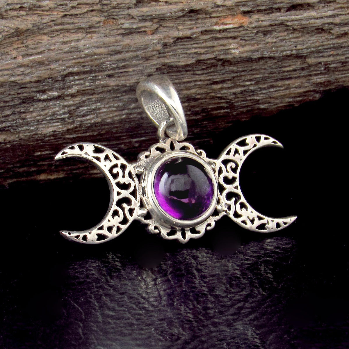 Solid 925 Sterling Silver Triple Moon Pendant - Celestial Gemstone Amulet - Amethyst, Labradorite, Moonstone, Pearl