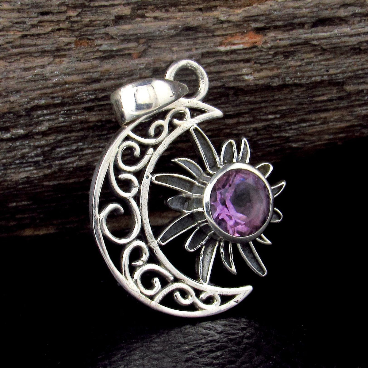 Solid 925 Sterling Silver Crescent Moon & Sun Gemstone Pendant - Amethyst, Citrine, Labradorite, Moonstone, Turquoise