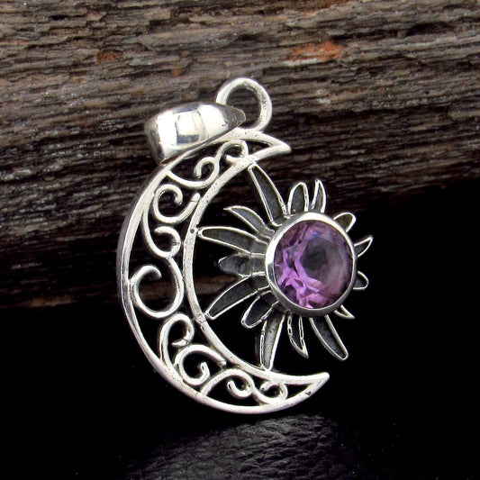 Solid 925 Sterling Silver Crescent Moon & Sun Gemstone Pendant - Amethyst, Citrine, Labradorite, Moonstone, Turquoise