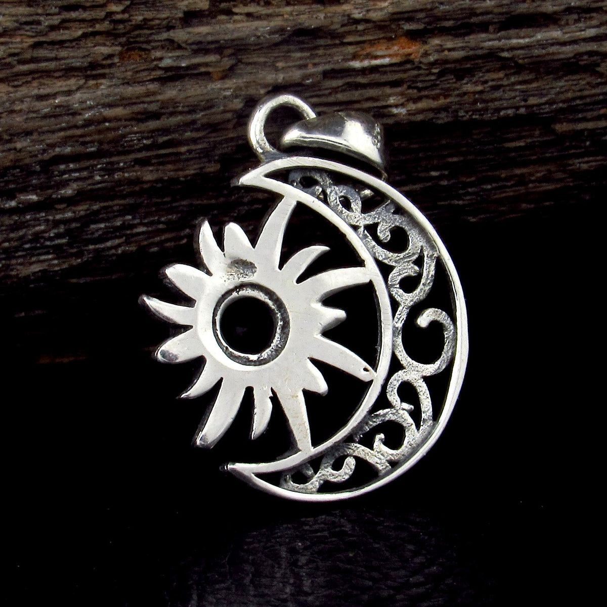 Solid 925 Sterling Silver Crescent Moon & Sun Gemstone Pendant - Amethyst, Citrine, Labradorite, Moonstone, Turquoise