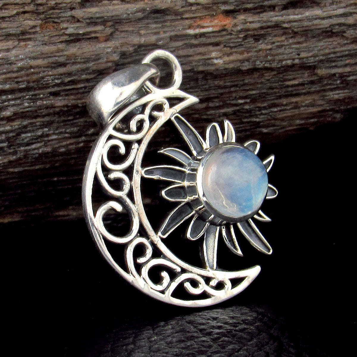 Solid 925 Sterling Silver Crescent Moon & Sun Gemstone Pendant - Amethyst, Citrine, Labradorite, Moonstone, Turquoise