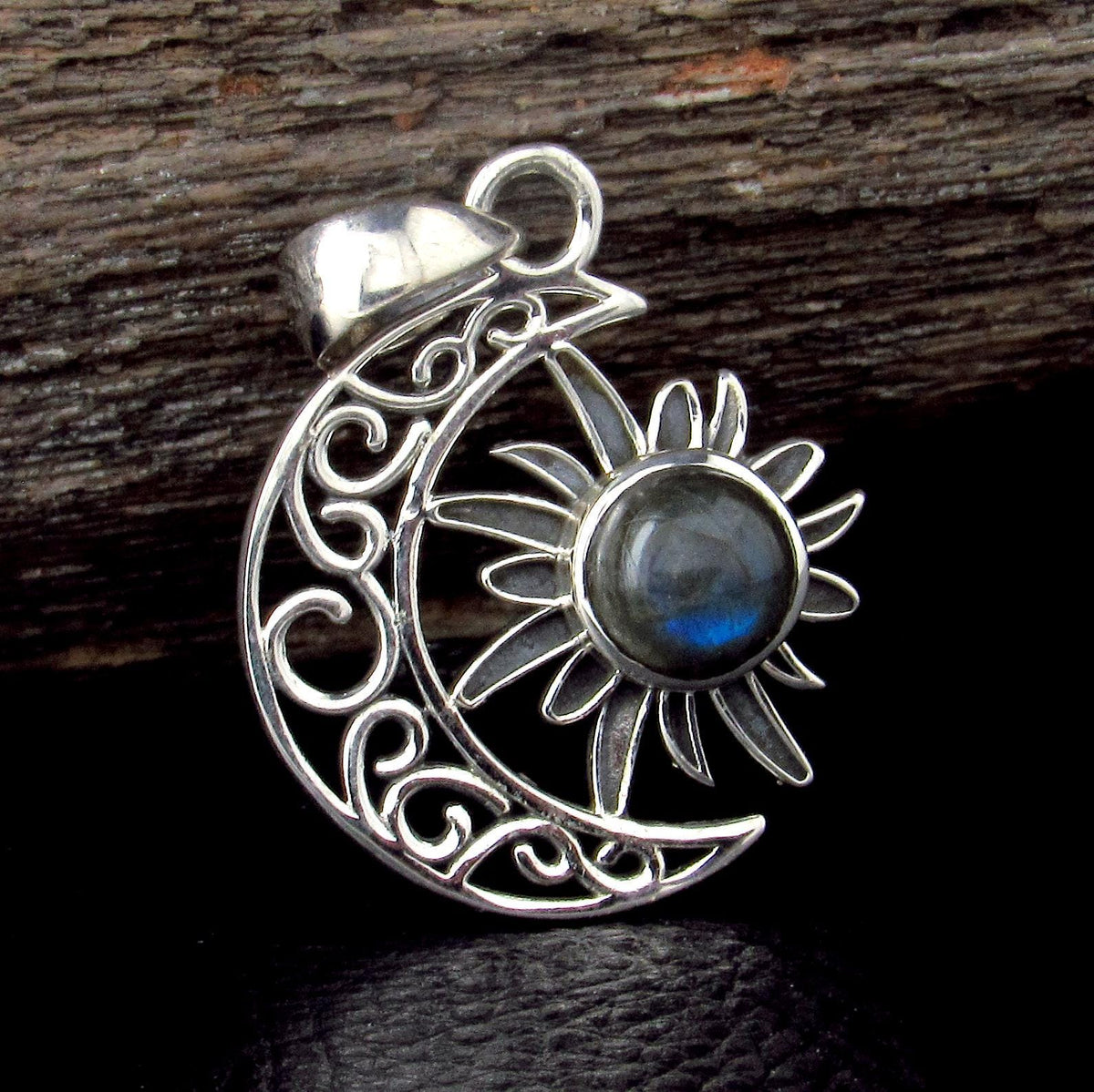 Solid 925 Sterling Silver Crescent Moon & Sun Gemstone Pendant - Amethyst, Citrine, Labradorite, Moonstone, Turquoise