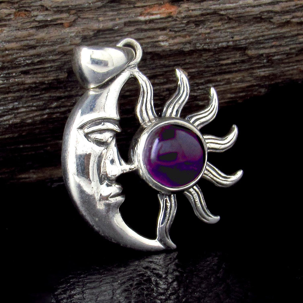 Solid 925 Sterling Silver Crescent Moon & Sun Gemstone Pendant - Amethyst, Labradorite, Rainbow Moonstone
