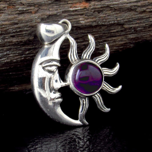 Solid 925 Sterling Silver Crescent Moon & Sun Gemstone Pendant - Amethyst, Labradorite, Rainbow Moonstone