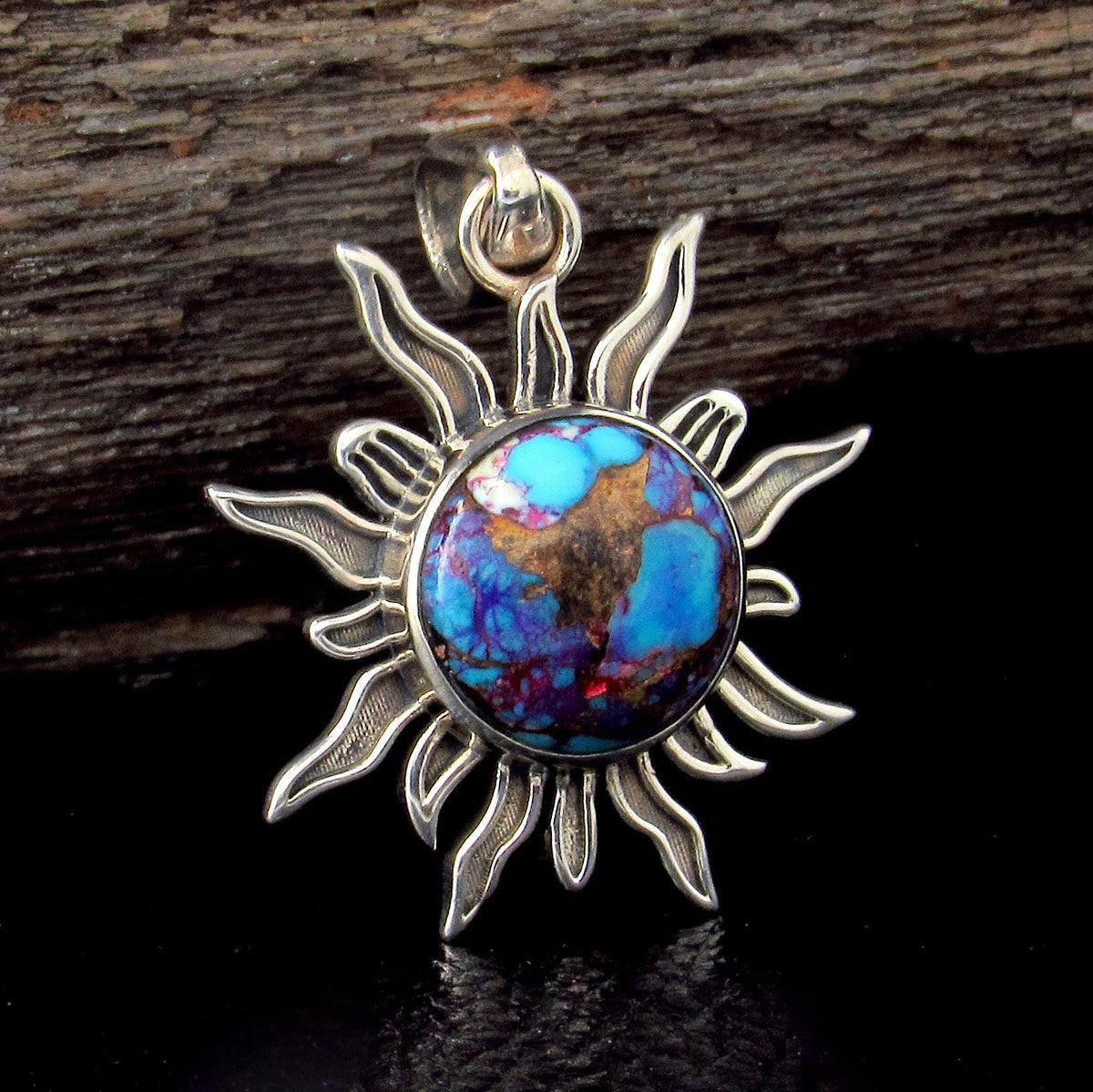 Solid 925 Sterling Silver Sun Pendant – Labradorite, Lapis, Moonstone, Tiger Eye, Turquoise, Spiny Oyster