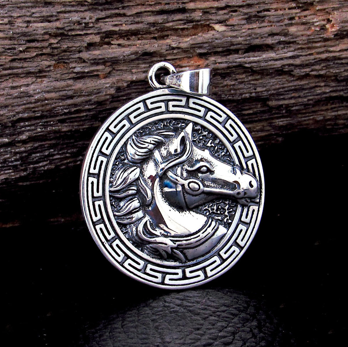 Solid 925 Sterling Silver Horse Medallion Pendant | Greek Key Puzzle, Equestrian “Coin” Necklace Amulet, Stallion Head Charm, Animal Jewelry