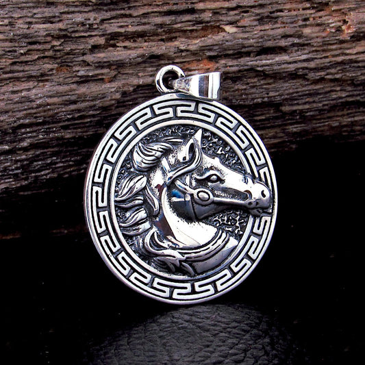 Solid 925 Sterling Silver Horse Medallion Pendant | Greek Key Puzzle, Equestrian “Coin” Necklace Amulet, Stallion Head Charm, Animal Jewelry