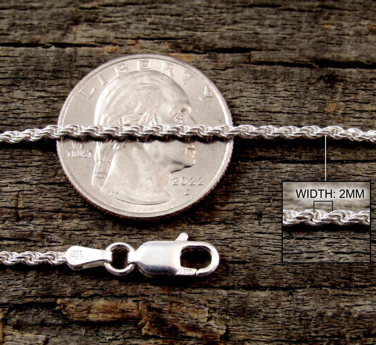 2MM Italian Diamond Cut Rope Chain, Solid 925 Sterling Silver Necklace or Bracelet