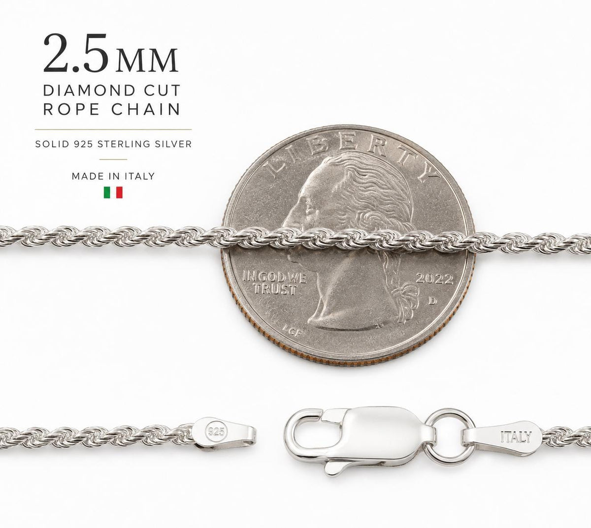 2.5MM Solid 925 Sterling Silver Italian Diamond Cut Rope Chain Necklace / Bracelet, Made in Italy 7 - 36 Inches, Unisex Jewelry Chain