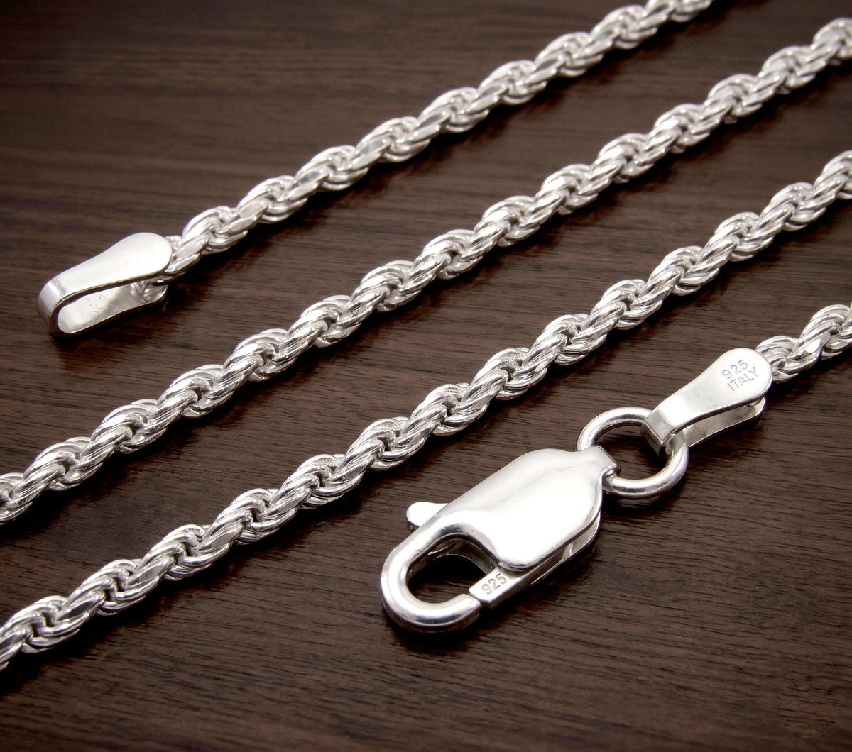 2MM Italian Diamond Cut Rope Chain, Solid 925 Sterling Silver Necklace or Bracelet