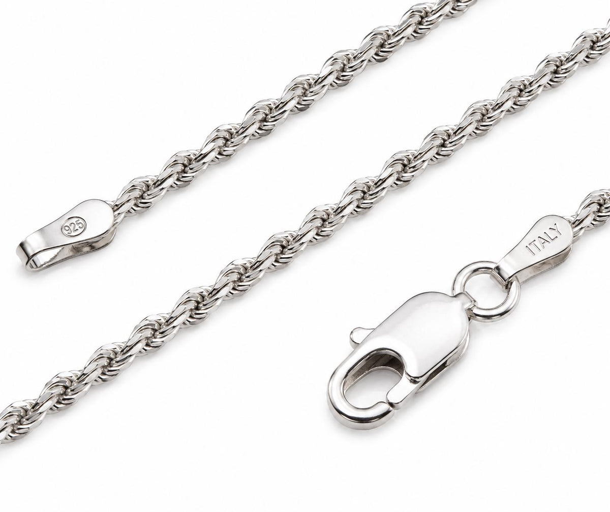 2.5MM Solid 925 Sterling Silver Italian Diamond Cut Rope Chain Necklace / Bracelet, Made in Italy 7 - 36 Inches, Unisex Jewelry Chain